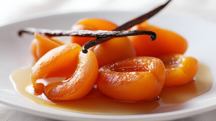 Apricots in syrup adorned with vanilla beans, a delectable dessert on a white plate, ready to be savored