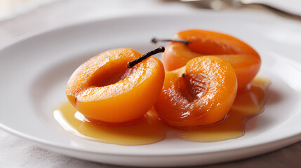 Close-up of halved, poached apricots arranged on a white plate with a glossy syrup, minimal depth of field.