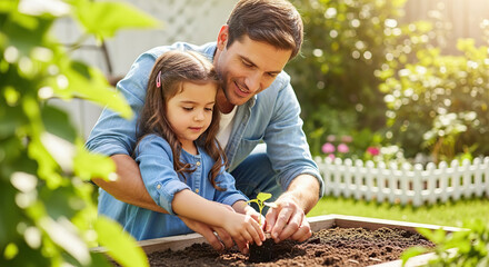 A father and daughter planting a small plant in a garden bed on a sunny day together outside home