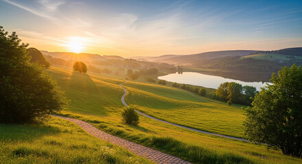Obraz premium A pathway through green fields leading to a lake at sunrise with trees and rolling hills in the distance