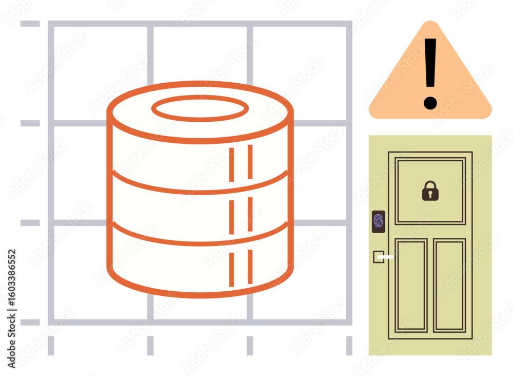 Poster stack of data on a grid, warning triangle with exclamation mark, and locked door with access control