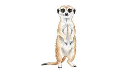 A cartoon meerkat standing upright with its paws folded on a black background looking forward cute face
