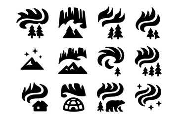 Obraz premium Stylized northern lights with forest and mountain silhouettes