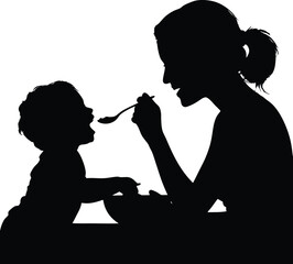 Silhouette illustration of a mother feeding her baby with a spoon during mealtime capturing a moment of nurturing and parenthood