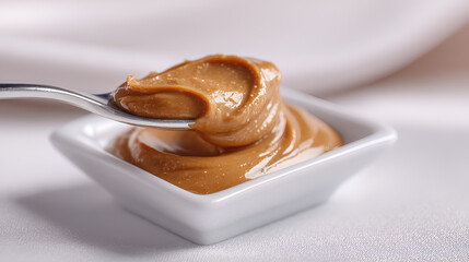 Creamy spread in a dish: A spoonful of sweet indulgence, perfect for snacks or desserts. A tasty treat.