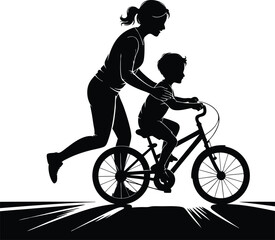 Fototapeta premium Silhouette of a mother teaching her son to ride a bicycle vector illustration in black and white symbolizing learning and family bonding