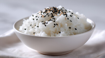 Bowl of steamed white rice topped with a sprinkle of black and tan sesame seeds. Tasty and healthy.