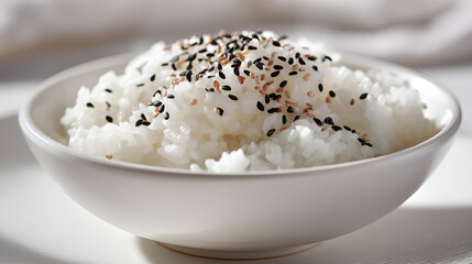Steaming white rice topped with black and tan sesame seeds served in a modern white bowl.