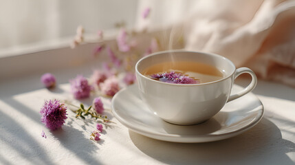 Aromatic herbal tea with delicate purple flowers, steam rising, on a sunny windowsill. Peaceful relaxation.