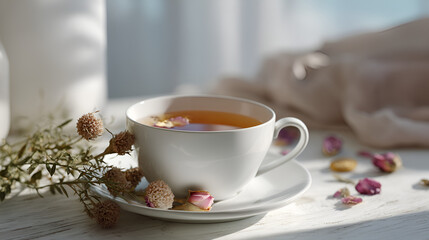 A cup of tea with delicate flower petals floating, creating a serene and inviting moment of relaxation.