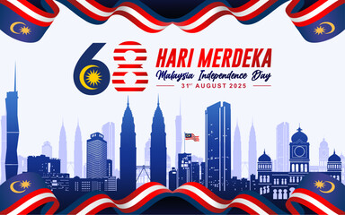68th Malaysia "Merdeka Day" Means Independence Day 2025 greeting card, poster, banner, background, template. August 31st celebration of Hari Merdeka Malaysia national day. NotAI.