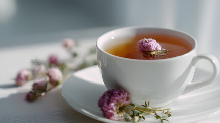 Herbal tea with clover blossom served in white cup and saucer, perfect for relaxation or wellness.