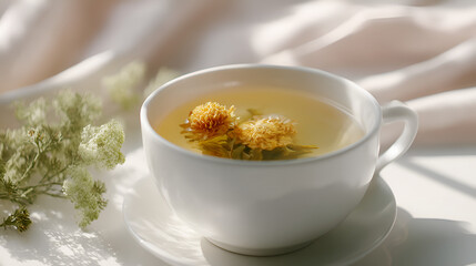 Floral tea in a pristine white cup, bathed in soft light, offering a moment of calm and floral fragrance.