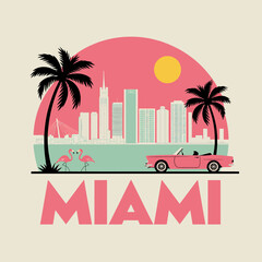 Vibrant Miami Scene with Classic Car Palm Trees and Flamingos Retro Style Illustration Graphic Design