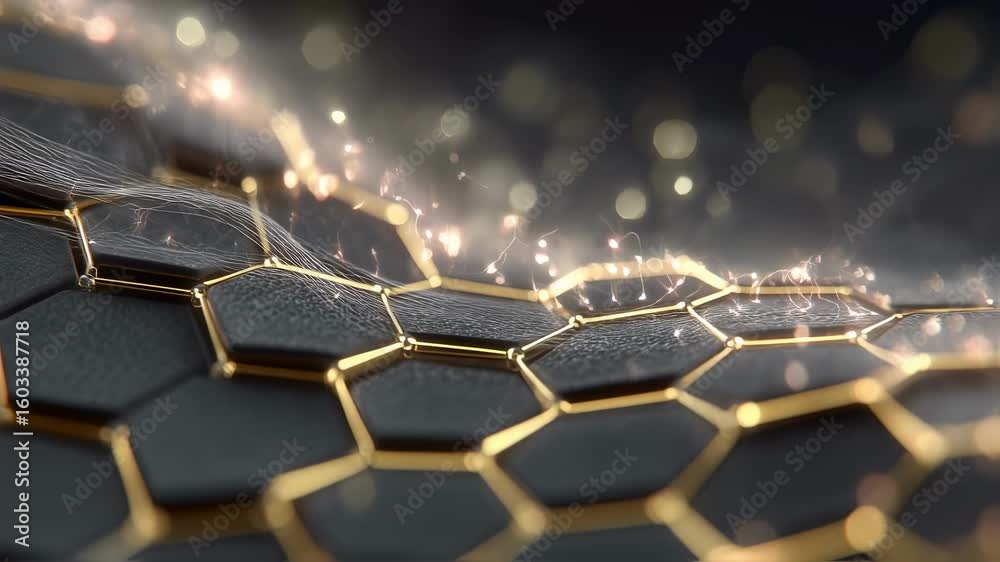 Wall mural glowing and pulsing golden network connections weave across a dark hexagonal surface, forming a capt