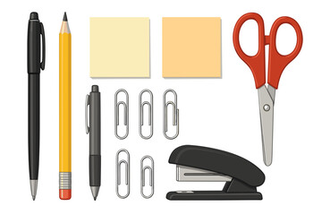 Office Stationery Essentials: An array of office supplies are neatly arranged, including a pen, a pencil, a scissors.