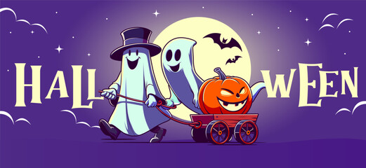 Happy halloween banner template. Halloween promotion poster designs with ghost. Halloween party greeting card. Funny halloween card. Halloween night seen. Halloween design illustration. Invitation