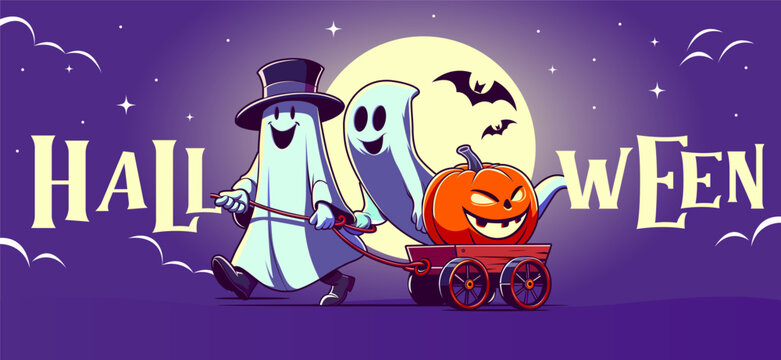 Happy halloween banner template. Halloween promotion poster designs with ghost. Halloween party greeting card. Funny halloween card. Halloween night seen. Halloween design illustration. Invitation