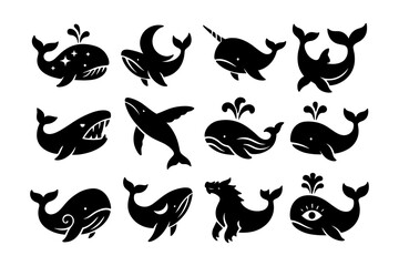 Silhouette collection of whimsical whales and sea creatures in black and white