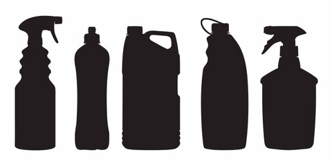 Fototapeta premium Silhouette of Cleaning Bottles: A minimalist silhouette of various cleaning product bottles against a blank backdrop, perfect for illustrating cleaning tasks and household hygiene.