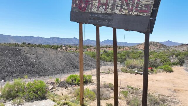 Aerial Arizona Ghost Town Pedestal Shot Abandoned Sign Desert Landscape