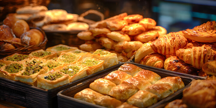 Assorted Turkish pastry products displayed at a bakery showcase, featuring traditional Turkish pastries like pogaca, borek, acma, and ay coregi, highlighting the rich Turkish pastry culture.