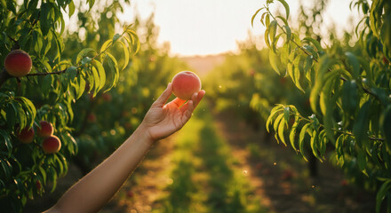 Hand in Peach Orchard: A sun-kissed scene reveals a hand delicately reaching for a ripe peach within a flourishing orchard.