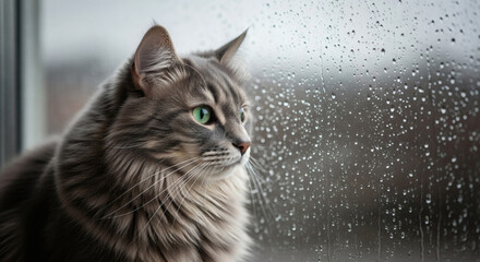 Pensive Cat Contemplating Rain: A stunning close-up of a fluffy gray cat with striking green eyes gazes wistfully out a rain-streaked window, lost in quiet contemplation.