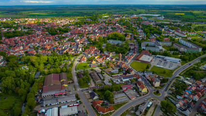 Aerial view of the city Salzwedel in Germany on a sunny day in spring.