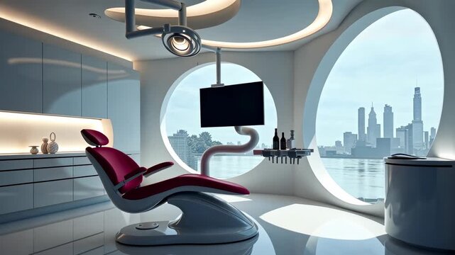dental office, dental chair, office design. Modern dentistry. Chairs adjust for patient comfort. Office aesthetics enhance client experience. Technology supports efficient treatments.