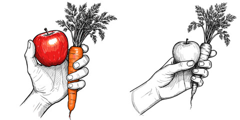 Hands holding apple and carrot. Minimalist sketch, healthy eating, World Vegetarian Day. For nutrition blogs, healthy lifestyle materials