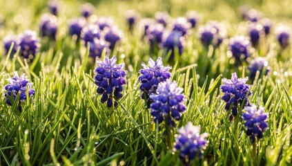 A beautiful field of purple Grape Hyacinth flowers blooming in the fresh spring grass, glistening with tiny drops of morning dew in the sun