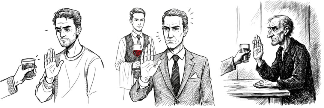 Man rejecting alcohol in social settings. Sketch, sobriety concept, World Day of Temperance. For social campaigns, public awareness