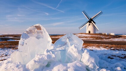 A stunning winter landscape featuring the stark contrast of crystal clear ice formations against a traditional white windmill under a clear blue sky