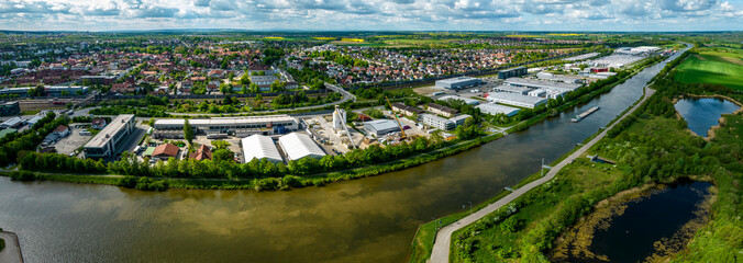 Aerial view of the old town of the city Wolfsburg-Fallersleben-Sülfeld in Germany on a sunny spring day