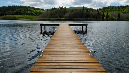 Obraz premium A long wooden pier extends across the calm surface of a lake, pointing towards a distant shoreline covered in a dense, lush green forest under a cloudy sky.