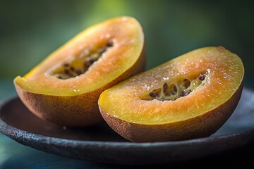 two halves of a fruit placed on a dark dish, with an out of focus green backdrop