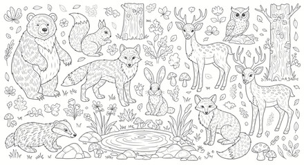 Drawing to paint forest animals coloring page with bear fox deer owl squirrel rabbit and badger nature scene for kids art vector