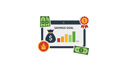 Colorful Financial Savings Goal Progress Illustration with Digital Screen, Money Bag, Bar Chart, and Achievement Symbols