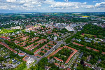 Aerial view of the old town of the city Salzgitter in Germany on a sunny spring day
