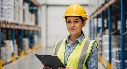 Confident female warehouse worker holding clipboard, standing amidst inventory shelves.