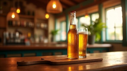 A glass of beer sitting on top of a wooden table.