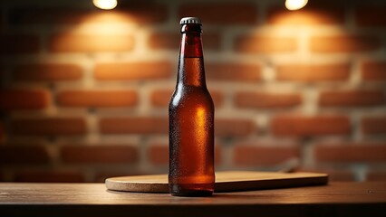 A brown beer bottle sitting on top of a wooden table.