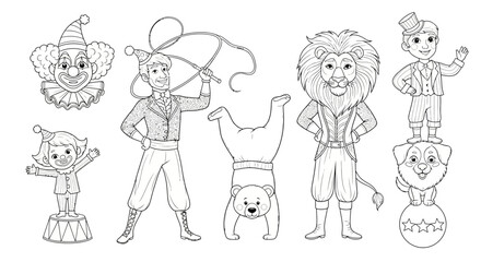 Fototapeta premium Drawing to paint circus coloring page with clown, lion, bear, dog, trainer, and acrobat for kids and adults to color in vector