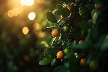 the image showcases a branch laden with fruit, set against a backdrop of soft, blurred light