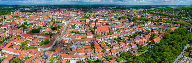 Aerial view of the old town of the city Hanau in Germany on a sunny spring day