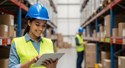 Smiling warehouse worker uses tablet computer to manage inventory amongst stacked boxes.