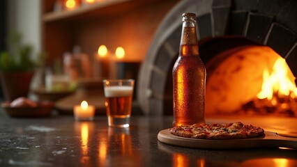 A bottle of beer sitting on top of a table next to a pizza.