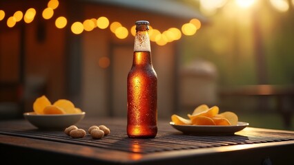 A bottle of beer sitting on top of a wooden table.