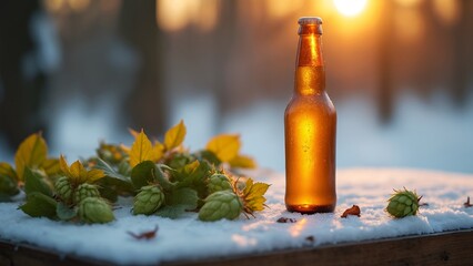 A brown beer bottle sitting on top of a wooden table covered in snow.
